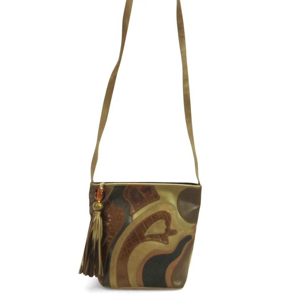 VTG SHARIF Brown/Multi LEATHER PATCHWORK Croc Embossed SHOULDER PURE BAG